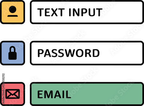 Graphic representation of user input forms with text input password field and email address interface elements