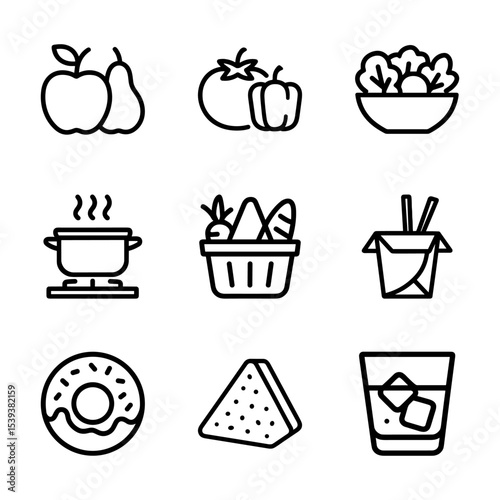 Food icons arrayed in grid. Icon Symbol Illustration