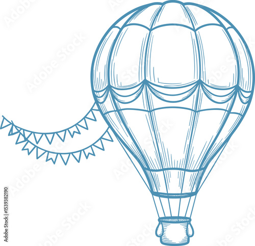 Vector illustration of a hot air Balloon flying among clouds and stars in engraving style. Linear drawing for Baby shower invitations or childish greeting cards. Outline sketch of aircraft for nursery