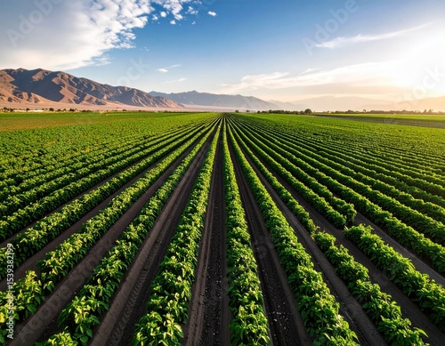 Expansive farm fields stretching to the horizon under a vibrant sky.  Rows of lush green vegetation create a grid pattern,  bordered by dark earth.  Mountains are in the distance