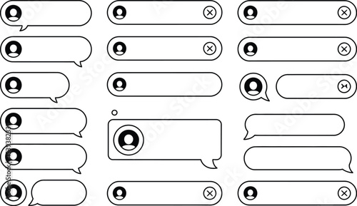 Minimalist vector illustration of various speech bubbles featuring profile icons and close buttons