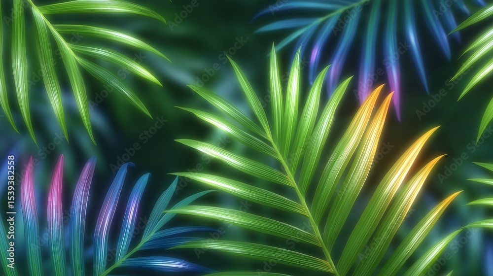 Obraz premium Vibrant Rainbow Palm Leaves Tropical Summer Background