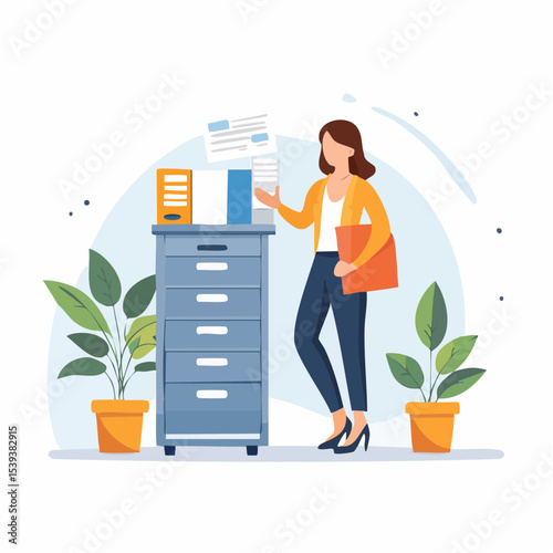 Flat minimal vector of a woman in business attire standing near a file cabinet organizing documents