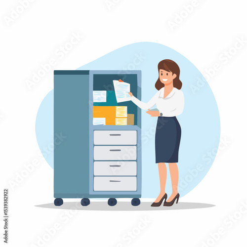 Flat minimal vector of a woman in business attire standing near a file cabinet organizing documents