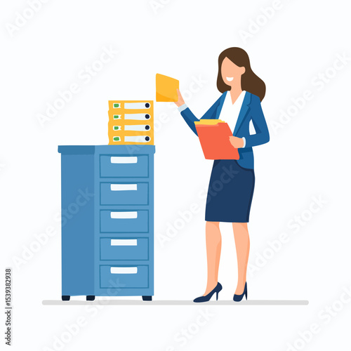 Flat minimal vector of a woman in business attire standing near a file cabinet organizing documents