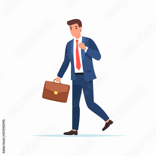 Flat vector illustration of a man in office clothes checking his watch while holding a briefcase, rushing to a meeting