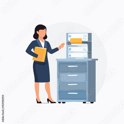 Flat minimal vector of a woman in business attire standing near a file cabinet organizing documents