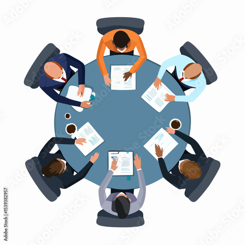 Flat vector of a group of office workers in formal attire having a meeting around a round table, diverse characters