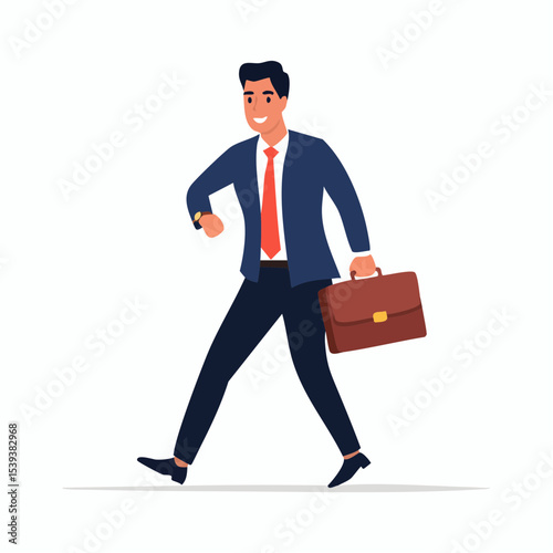 Flat vector illustration of a man in office clothes checking his watch while holding a briefcase, rushing to a meeting