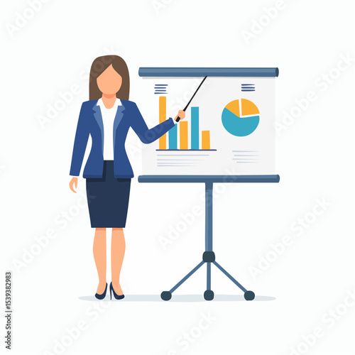 Flat character vector of a professional woman in a blazer and heels giving a presentation with a pointer and chart