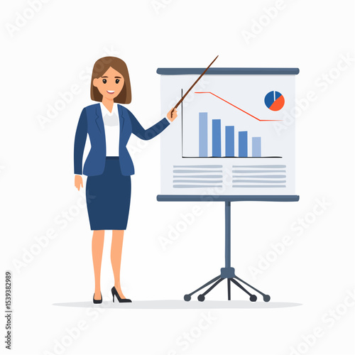 Flat character vector of a professional woman in a blazer and heels giving a presentation with a pointer and chart
