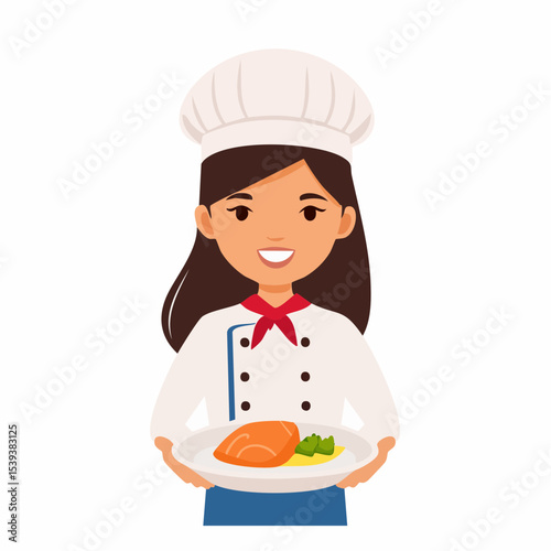 Flat vector character of a smiling chef holding a plate of food, wearing a white uniform and chef hat