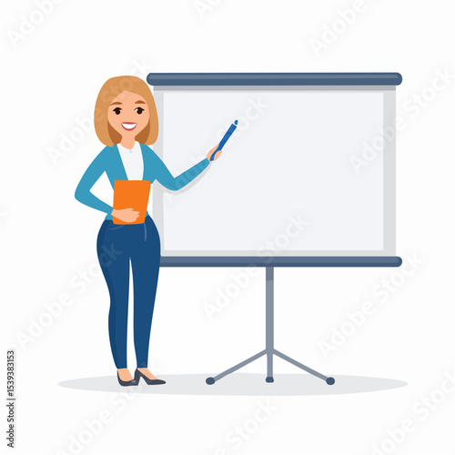 Flat minimal vector of a teacher standing in front of a whiteboard, holding a marker, and explaining with enthusiasm