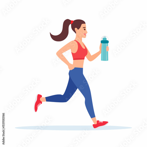 Flat vector character of a woman jogging in sportswear, with a ponytail and a water bottle in hand, side view