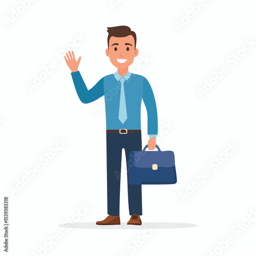 Flat design vector of a cheerful office worker waving and holding a laptop bag, dressed in business casual attire