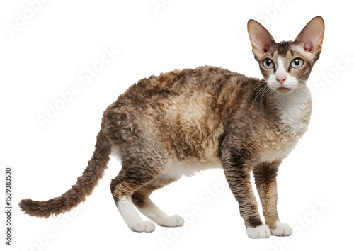 Charming Cornish Rex cat PNG on a transparent background highlighting its distinctive curls and lively demeanor.