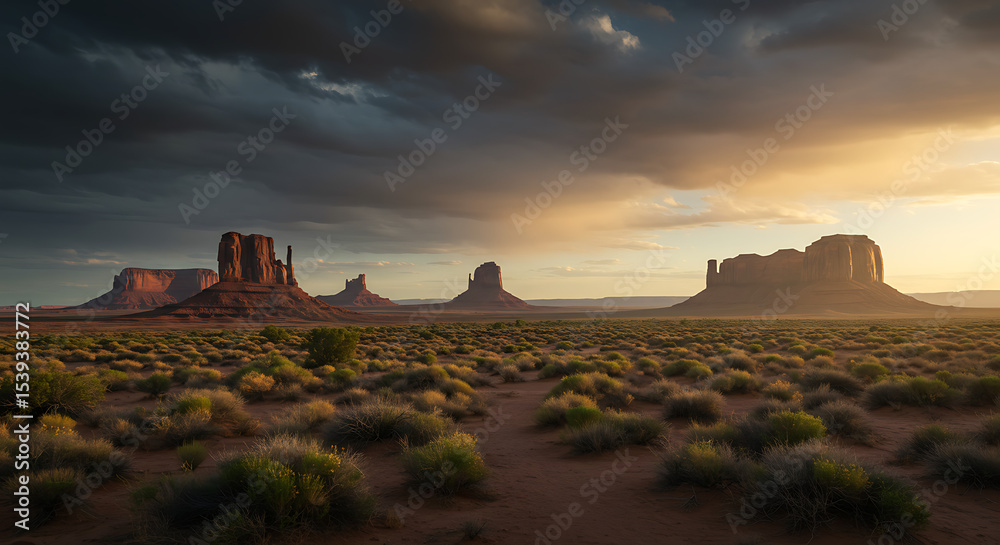 Obraz premium Dramatic Sunset Over Monument Valley's Majestic Buttes and Desert Landscape