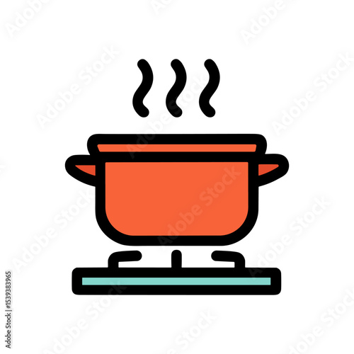 Steaming pot atop stovetop cooking meal. Icon Symbol Illustration