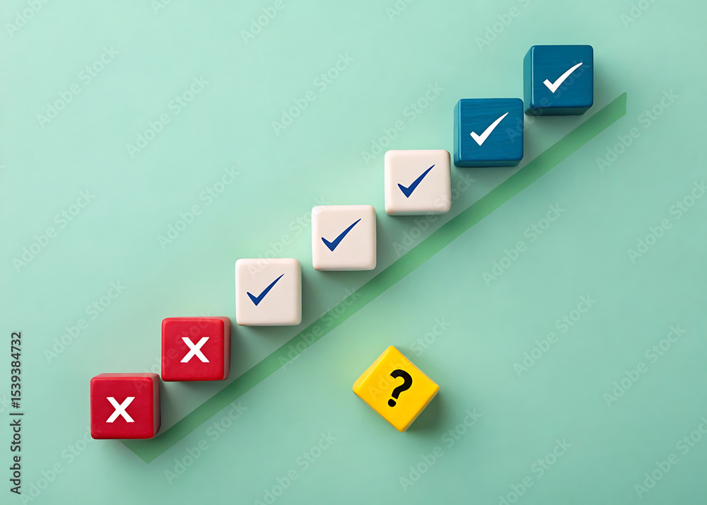 Obraz premium Progress and Decision-Making Concept with Checkmarks, Crosses, and Question Mark on Colorful Blocks