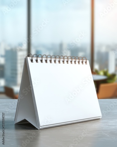 Mockup of Blank Desk Calendar Standing Upright with Urban Office View in Background