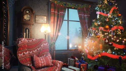 Christmas evening near the New Year tree and a cozy fireplace, in front of the window behind which the full moon hangs, and it is snowing. 3D screen server.