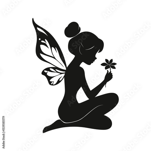 Kneeling Fairy Silhouette Gazing at a Flower