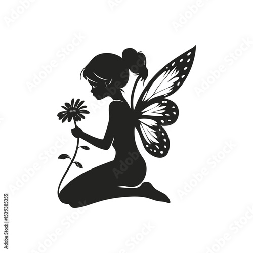 Kneeling Fairy Silhouette with Butterfly Wings and Flower