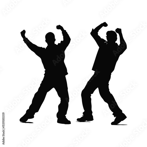 Silhouettes of Two Men Celebrating with Raised Arms