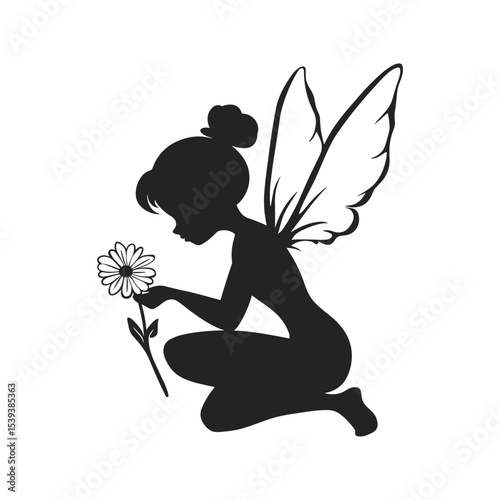 Kneeling Fairy Silhouette with Daisy Flower