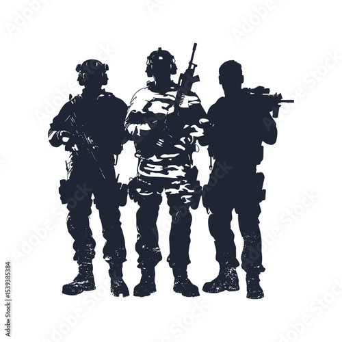 Silhouettes of Three Armed Soldiers in Camouflage
