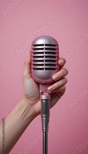 Retro Pink Microphone Handheld Close-Up on Solid Pink Background – Vintage Style photo