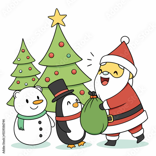 The scene presents a whimsical Christmas tableau. Santa Claus, clad in a red suit with white trim and a yellow hat, stands on the left, a large green sack overflowing with wrapped gifts slung over his