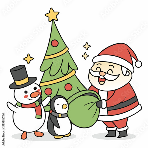 The scene presents a whimsical Christmas tableau. Santa Claus, clad in a red suit with white trim and a yellow hat, stands on the left, a large green sack overflowing with wrapped gifts slung over his