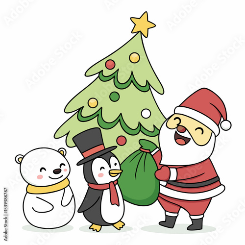 The scene presents a whimsical Christmas tableau. Santa Claus, clad in a red suit with white trim and a yellow hat, stands on the left, a large green sack overflowing with wrapped gifts slung over his