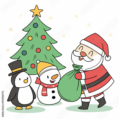 The scene presents a whimsical Christmas tableau. Santa Claus, clad in a red suit with white trim and a yellow hat, stands on the left, a large green sack overflowing with wrapped gifts slung over his