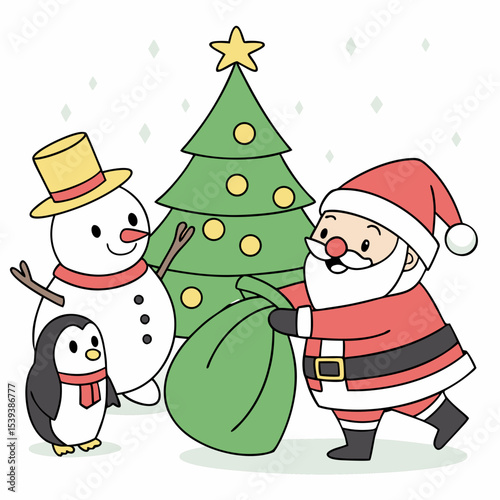 The scene presents a whimsical Christmas tableau. Santa Claus, clad in a red suit with white trim and a yellow hat, stands on the left, a large green sack overflowing with wrapped gifts slung over his