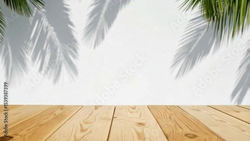 Tropical style background with wooden floor and palm tree shadows on a white wall, creating a bright and clean summer presentation space