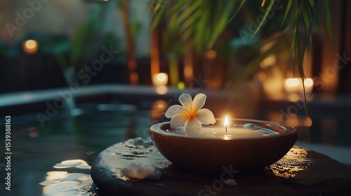 穏やかなスパの風景、浮かぶキャンドル、プルメリアの花、静かな水
