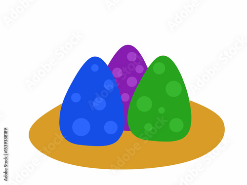 Colorful cartoon eggs with spots placed on a brown surface, resembling fantasy or dinosaur eggs in a playful style.