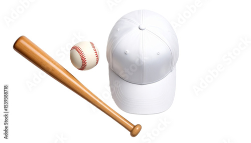 Baseball Cap, Bat and Ball Isolated on Transparent Background Top View
