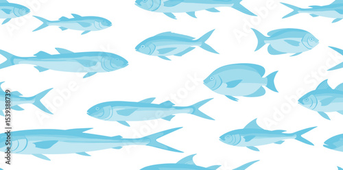 Seamless Pattern with fish silhouettes in soft watercolor shades. Drawing of school for marine design, wrapping paper or textile design. Ornament with nautical animals for wallpaper or fabric