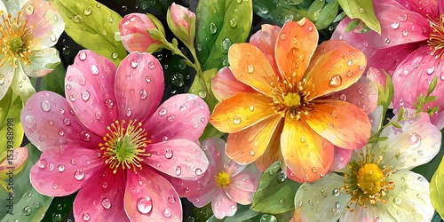Vibrant DewKissed Flowers Pink Orange and Yellow Blooms in CloseUp