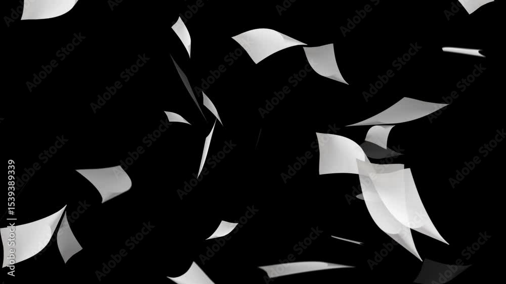 animated falling white paper sheets on black background, Flying Papers on Green Chromakey Background.
Flying White Paper in the Wind With Luma Matte, Paper flying alpha background
