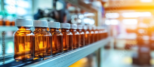 Wallpaper Mural Automated pharmaceutical production line showcasing sealed amber glass bottles Torontodigital.ca