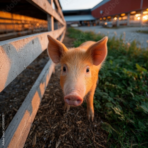 Adorable Piglet on Farm  Rustic Setting  Golden Hour