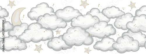 Watercolor sky Border with clouds, crescent moon, and scattered stars in pastel colors. Illustration of seamless Pattern for baby shower greeting cards or childish invitations. Frame for nursery.