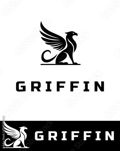 A sleek black griffin logo design featuring a mythical creature with wings, lion body, and eagle head