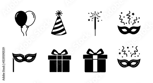 Celebrate Festivities with these Party Icons Balloons Gifts Masks Sparklers  perfect for invitations cards designs