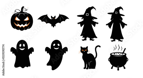 Spooky Halloween silhouettes featuring jack-o-lantern, bats, witches, ghosts, black cat and cauldron for autumn festivities