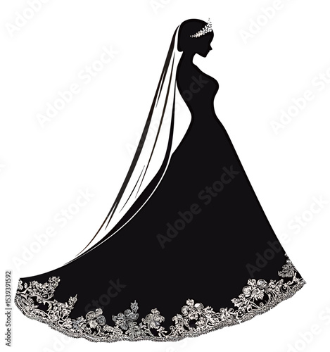 Elegant silhouette of a bride in a stunning black wedding gown with intricate lace.